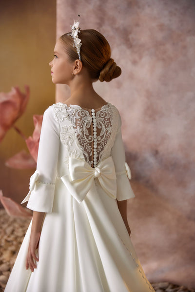 Saving Grace Communion Gown with Lace illusion back and button down closure