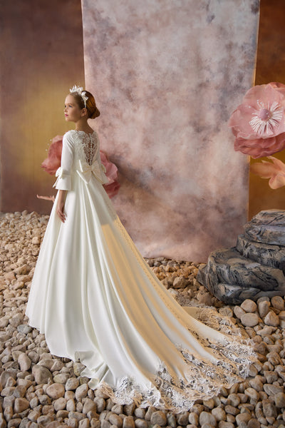 Saving Grace Communion Gown Back with waistline bow and long lace detailed train