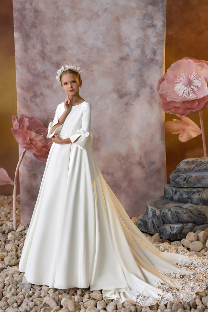 Saving Grace Communion Gown in Ivory Satin with Lace detailed train