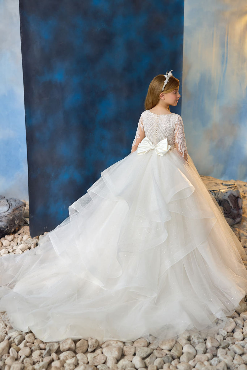 Sparkle Communion Gown ruffled skirt in the back with train