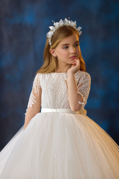 Sparkle Communion Gown embroidery lace bodice with long sleeves 