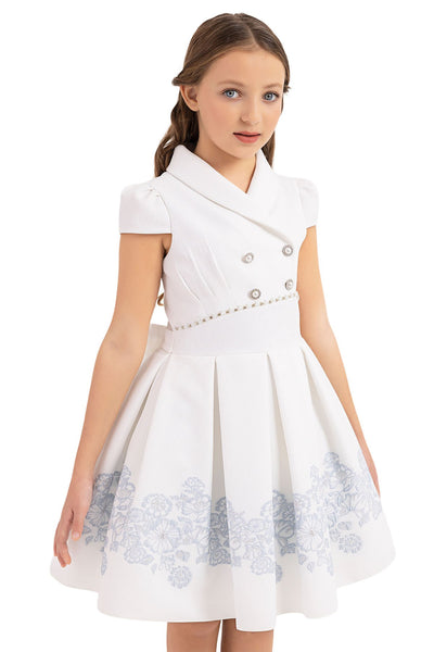 Teen Girl Semi-Formal Dress with Scarf Collar and Blue flowers by Mia Bambina Boutique Canada 