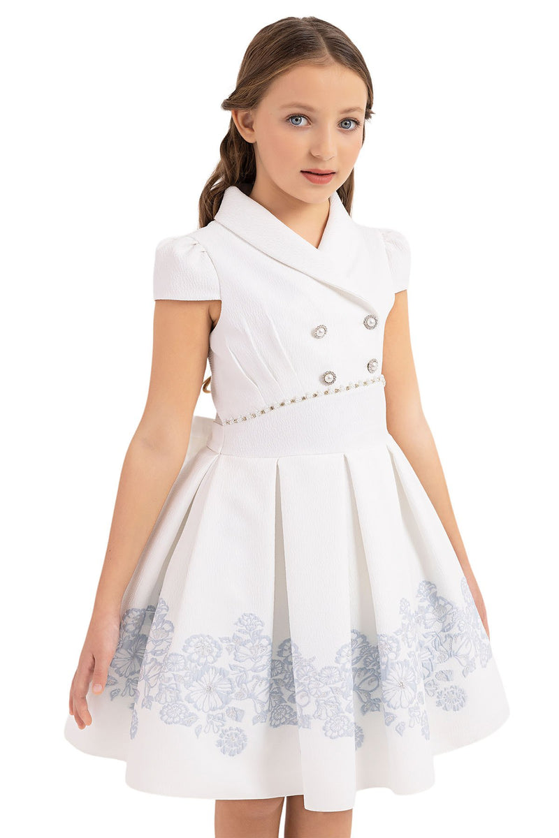 Teen Girl Semi-Formal Dress with Scarf Collar and Blue flowers by Mia Bambina Boutique Canada 