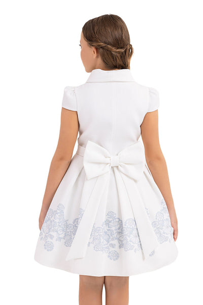 Teen Girl Semi-Formal Dress with Scarf Collar and Blue flowers by Mia Bambina Boutique Canada 