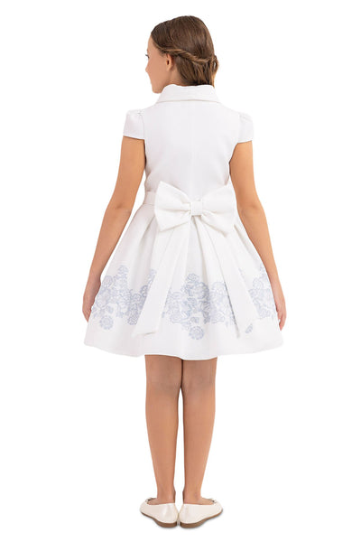 Teen Girl Semi-Formal Dress with Scarf Collar and Blue flowers by Mia Bambina Boutique Canada 