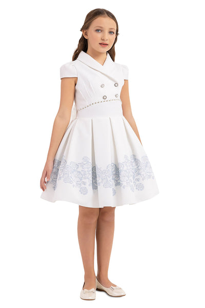 Teen Girl Semi-Formal Dress with Scarf Collar and Blue flowers by Mia Bambina Boutique Canada 