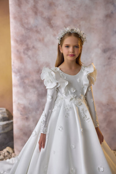 Timeless Devotion Communion Dress with ruffled shoulders