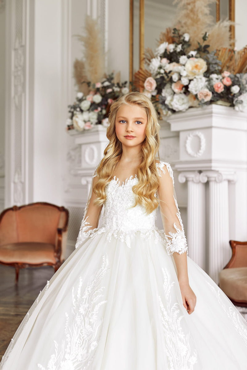 Traditional Catholic First Communion Dress with Sheer Sleeves by Mia Bambina Boutique Canada