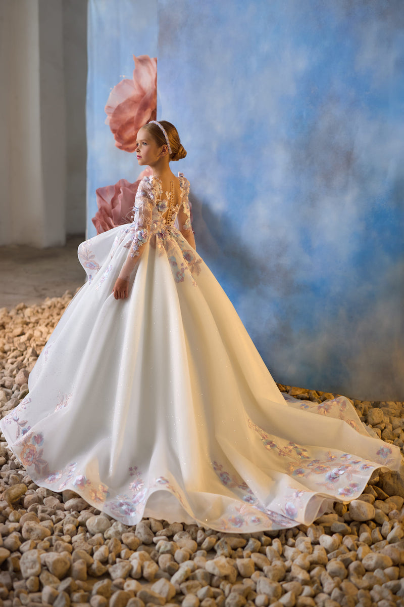 Watercolor Blossoms Communion Dress with long train