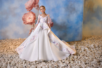 Watercolor Blossoms Communion Dress with overskirt embroidered poplin detail 