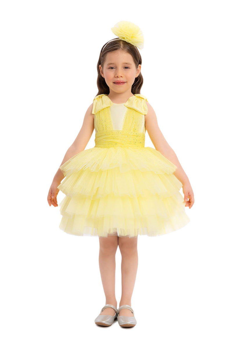 Yellow Toddler Dress with Bow Shoulders for Special Occasions by Mia Bambina Boutique Canada