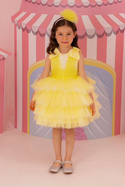 Yellow Toddler Dress with Bow Shoulders for Special Occasions by Mia Bambina Boutique Canada