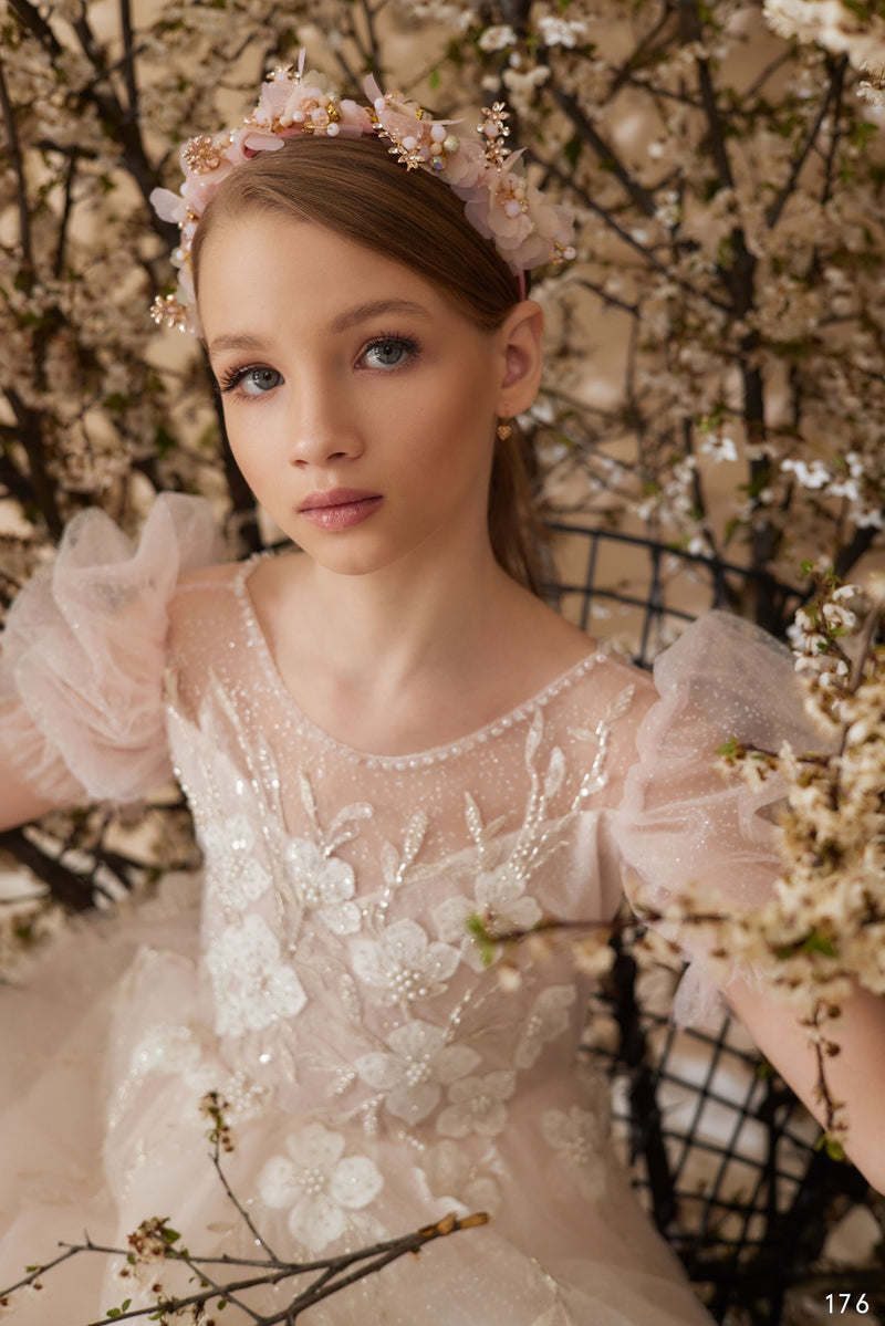 April Glitter Tulle Flower Girl Dress with Puff Sleeves by Mia Bambina Boutique