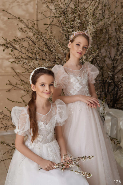 April Glitter Tulle Flower Girl Dress with Puff Sleeves by Mia Bambina Boutique