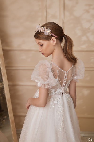 April Glitter Tulle Flower Girl Dress with Puff Sleeves by Mia Bambina Boutique