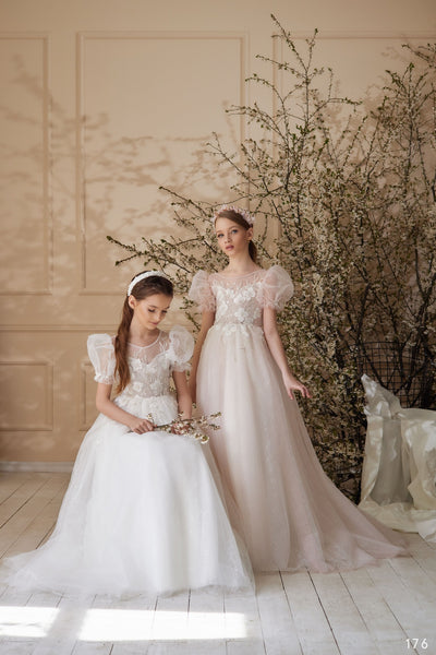 April Glitter Tulle Flower Girl Dress with Puff Sleeves by Mia Bambina Boutique