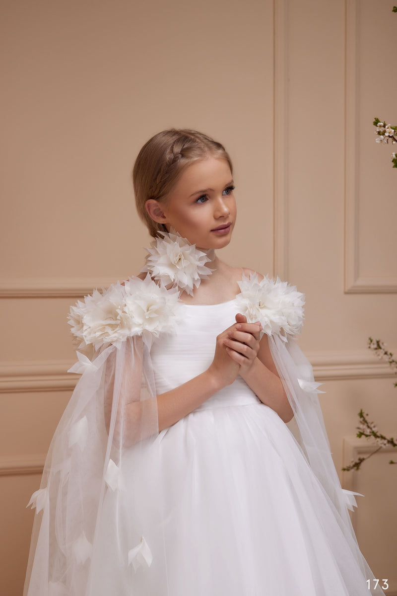 Aster Junior Bridesmaid Dress with Cold Shoulder and  Detachable Cape with fabric flower detail