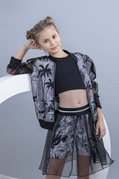 Girl's Palm Themed Set With Printed Organza Fabric Bomber and Shorts b Mia Bambina Boutique Canada