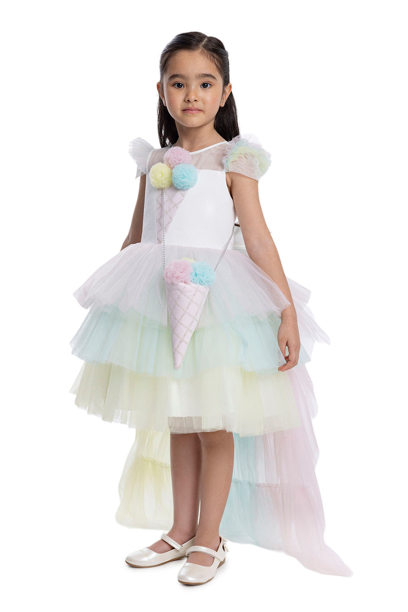 Girls Rainbow Birthday Dress with a Long Tail by Mia Bambina Boutique Canada