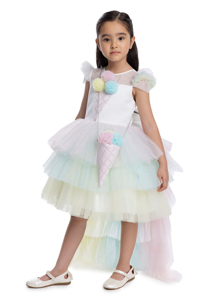 Girls Rainbow Birthday Dress with a Long Tail by Mia Bambina Boutique Canada