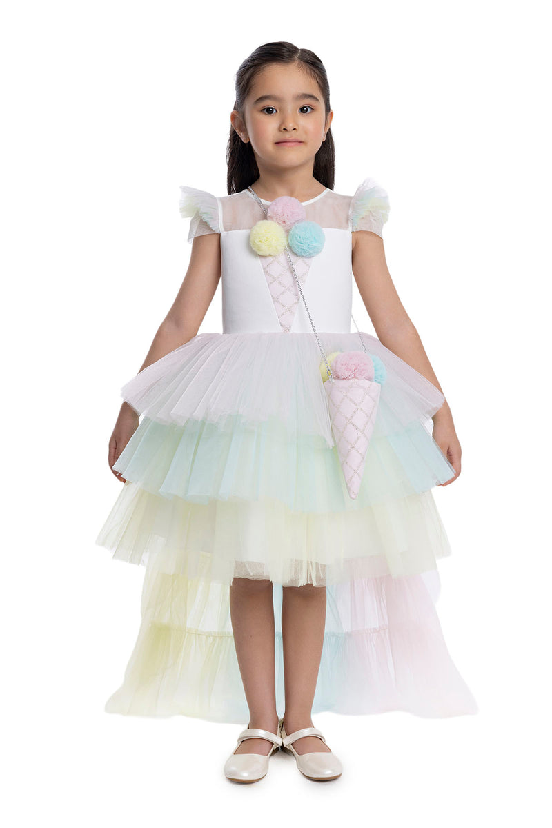 Girls Rainbow Birthday Dress with a Long Tail by Mia Bambina Boutique Canada