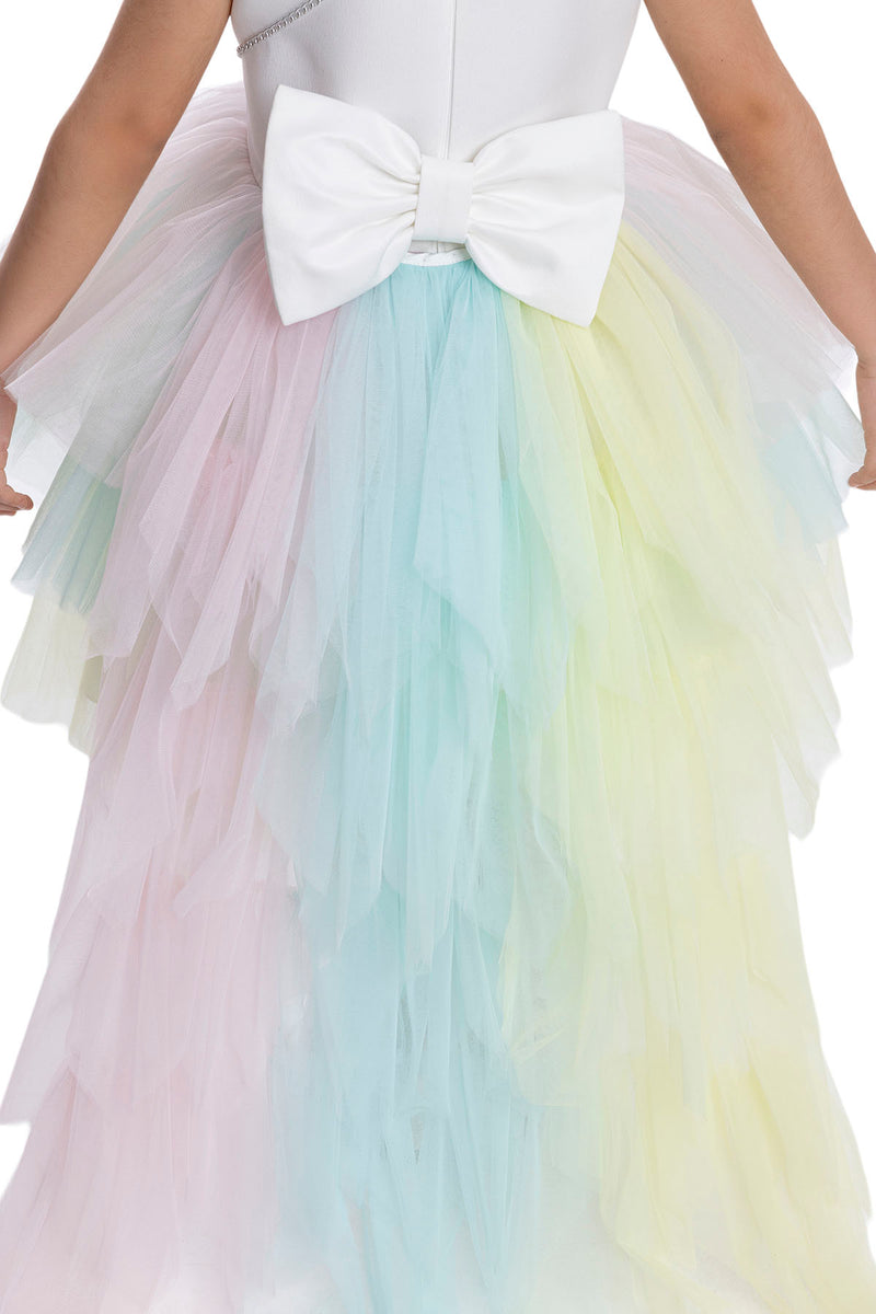 Girls Rainbow Birthday Dress with a Long Tail by Mia Bambina Boutique Canada