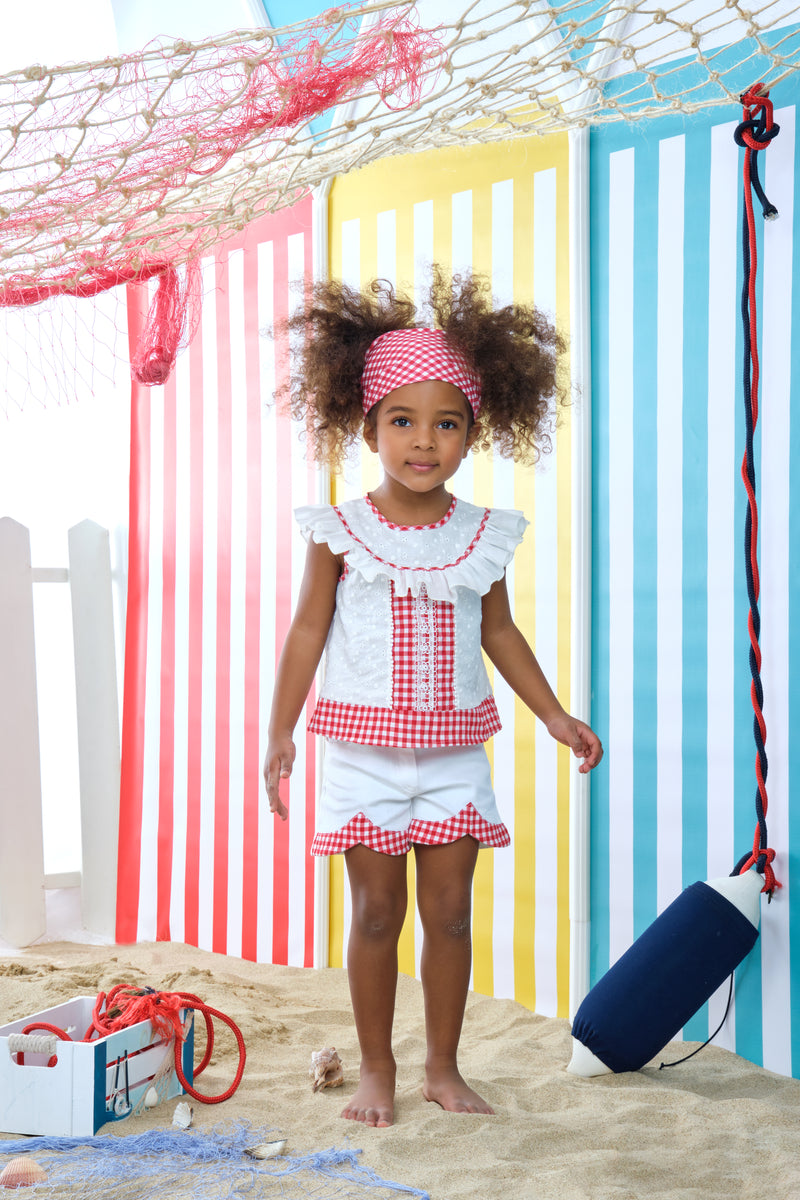 Gingham Girls Shorts Outfit in White and Red