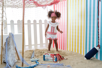 Gingham Girls Shorts Outfit in White and Red