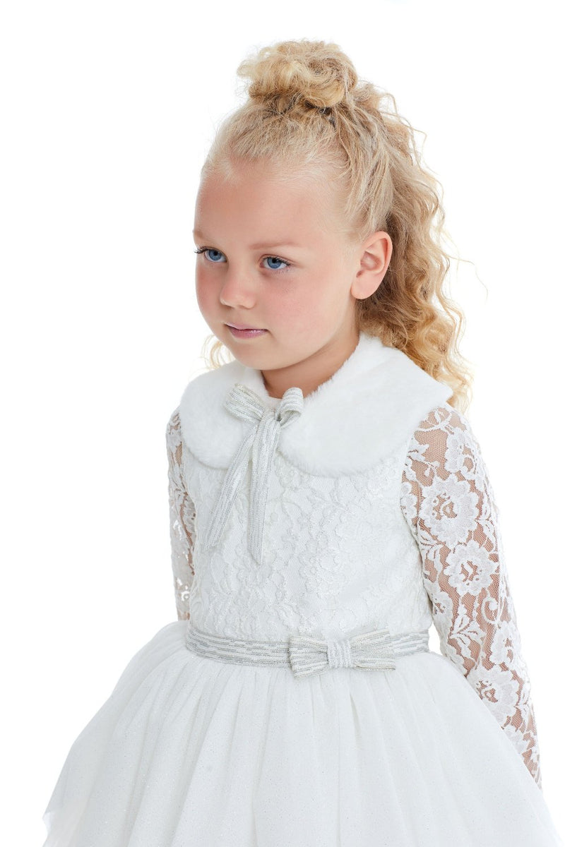 Girls White Party Dress with fur collar by Mia Bambina Boutique Canada