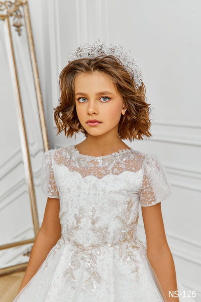 Glitter Tulle Flower Girl Dress with Short Sleeves by Mia Bambina Boutique Canada