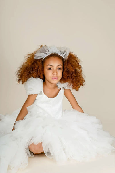 Pearl White High-Low Dress for Girls with detachable train and Hairpiece