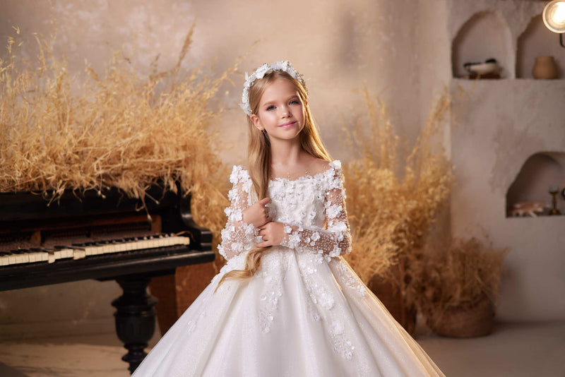 Irena Girls Communion Dress with Silk Flowers by Mia Bambina Boutique Canada