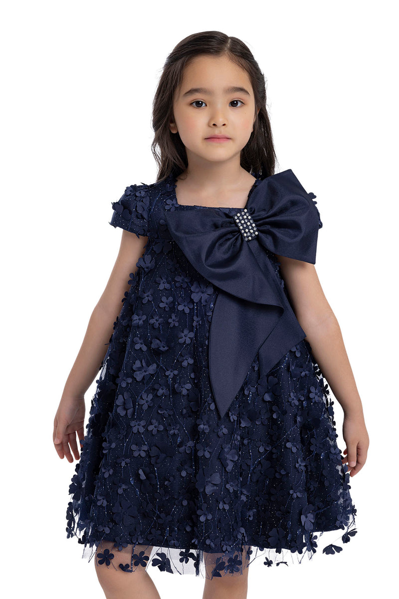 Kids Dresses Trapeze Navy Dress with a Bow by Mia Bambina Boutique Canada