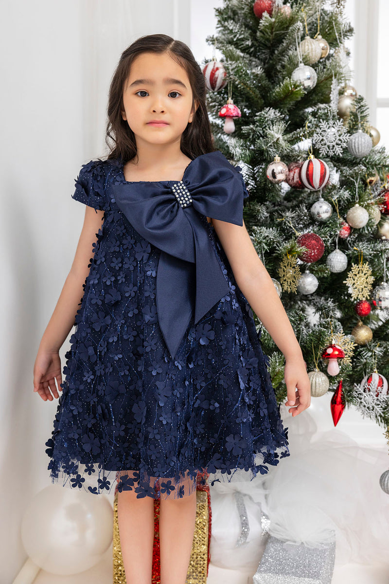 Kids Dresses Trapeze Navy Dress with a Bow by Mia Bambina Boutique Canada