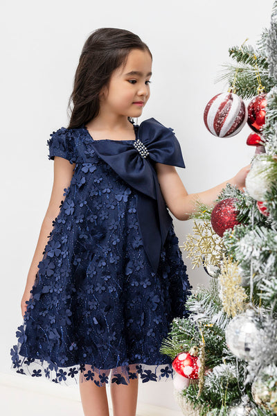 Kids Dresses Trapeze Navy Dress with a Bow by Mia Bambina Boutique Canada