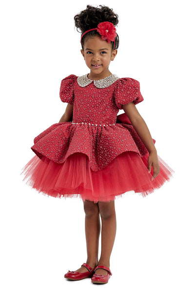 Red Princess Dress with Pearl-Embellished Collar by Mia Bambina Boutique