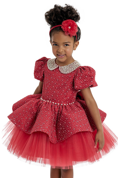 Red Princess Dress with Pearl-Embellished Collar by Mia Bambina Boutique