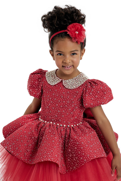 Red Princess Dress with Pearl-Embellished Collar by Mia Bambina Boutique