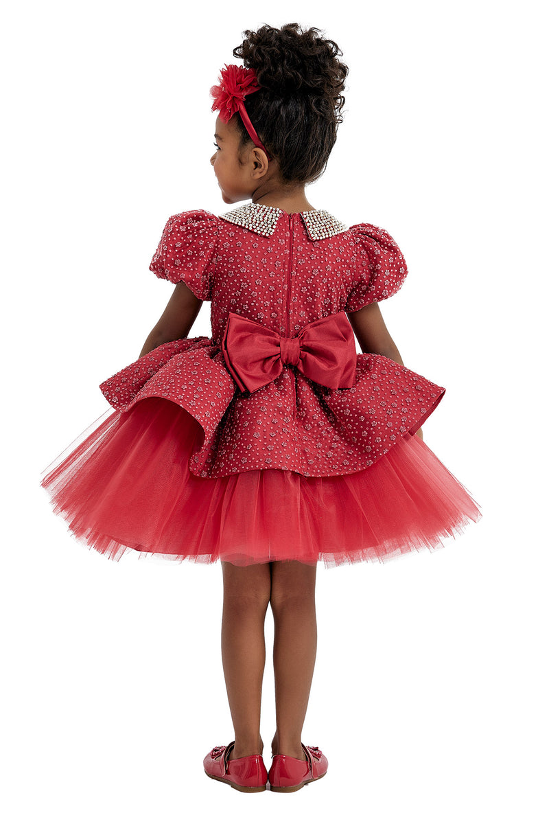 Red Princess Dress with Pearl-Embellished Collar by Mia Bambina Boutique