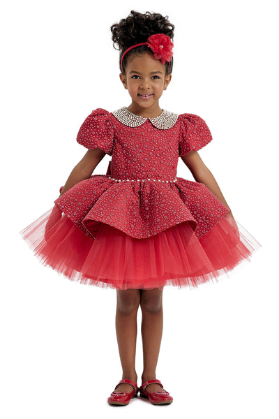 Red Princess Dress with Pearl-Embellished Collar by Mia Bambina Boutique