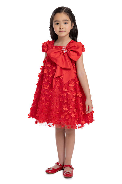 Girls Red Trapeze Party Dress with a Bow by Mia Bambina Boutique