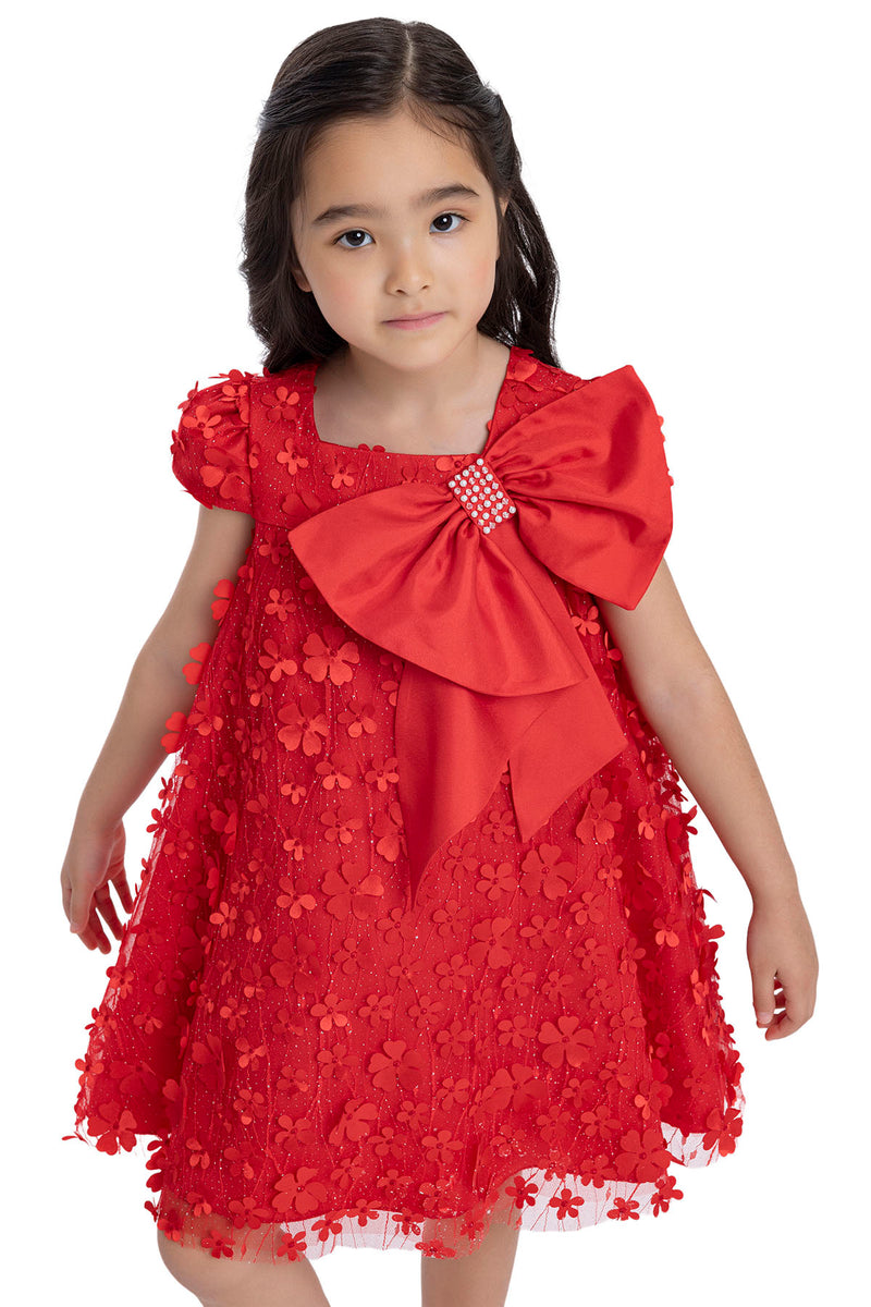 Girls Red Trapeze Party Dress with a Bow by Mia Bambina Boutique