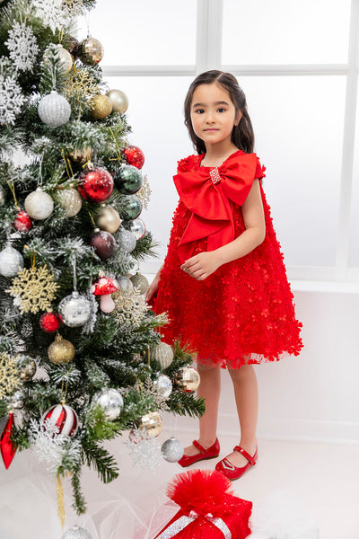 Girls Red Trapeze Party Dress with a Bow by Mia Bambina Boutique