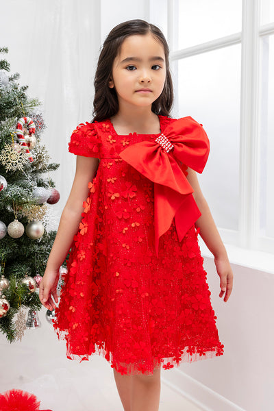 Girls Red Trapeze Party Dress with a Bow by Mia Bambina Boutique