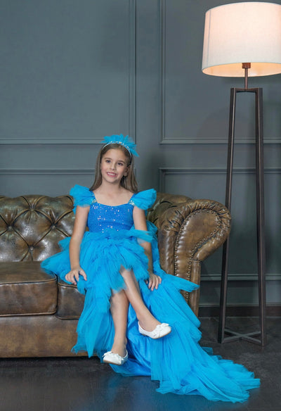 Party turquoise dress for Girls with detachable train and Hairpiece