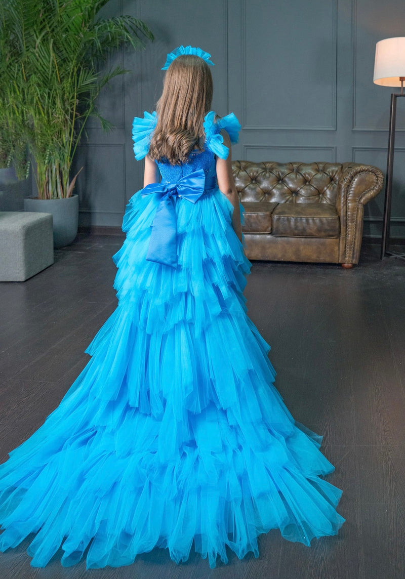 Party turquoise dress for Girls with detachable train and Hairpiece