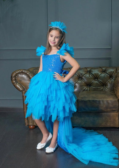 Party turquoise dress for Girls with detachable train