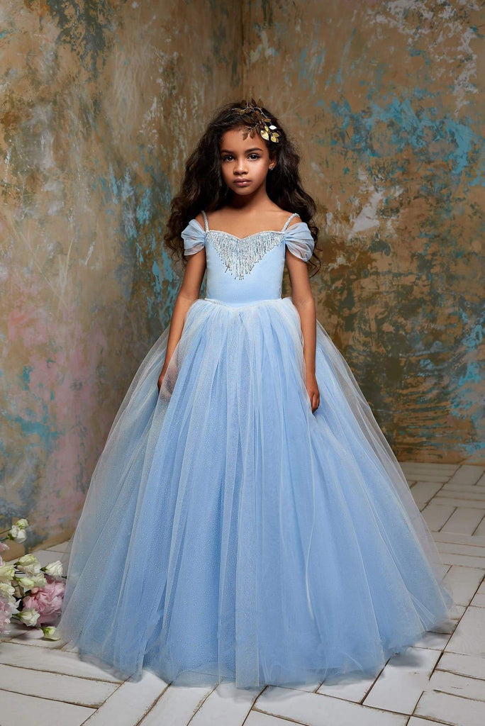 Beaded Butterfly Light Blue Straps Ruffle Tulle Horsehair Wedding Flow -  Princessly