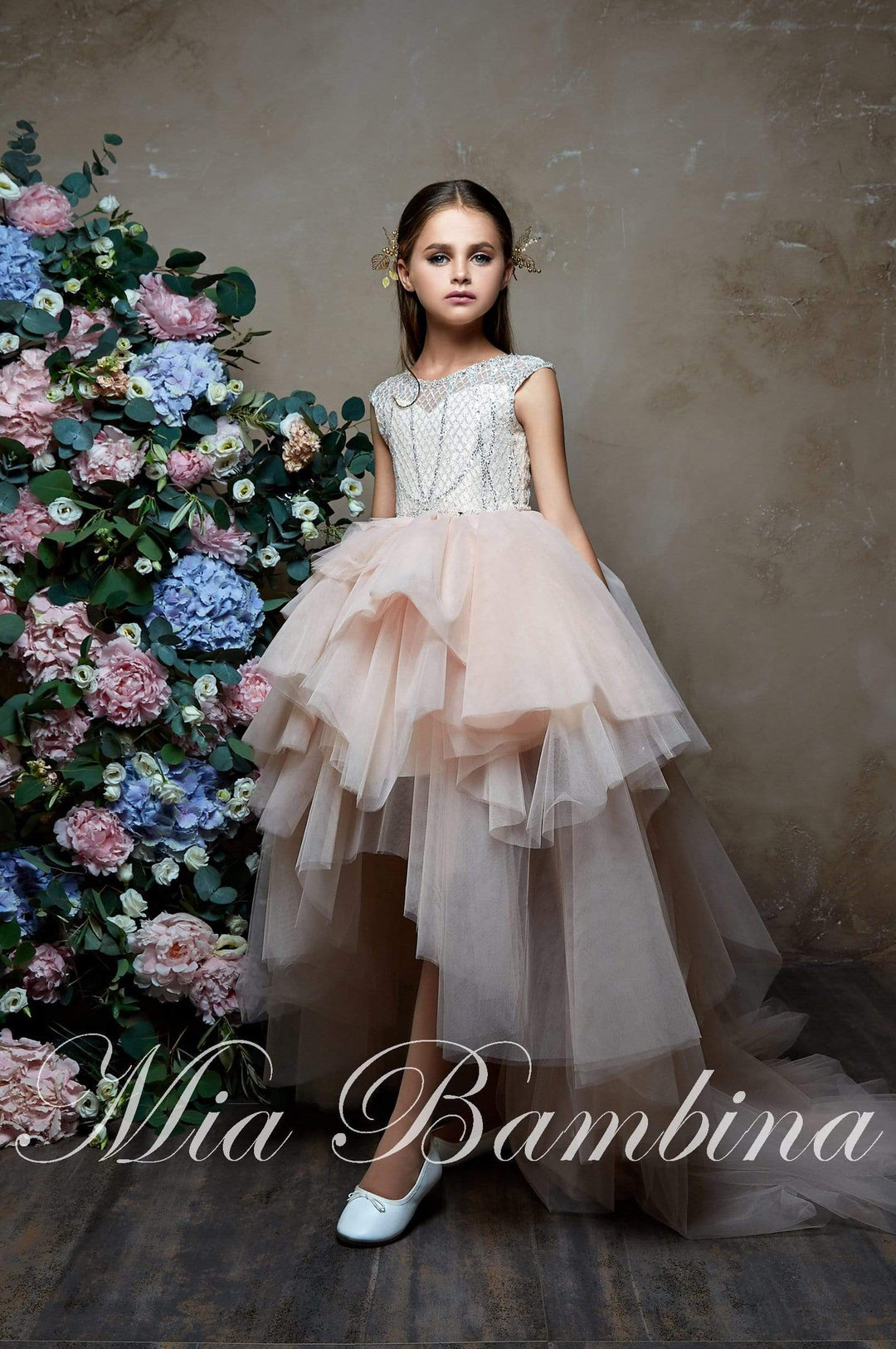 Little Girls Luxury Sleeveless Tiered Ruffled Tulle High Low Dress Mia Bambina Boutique