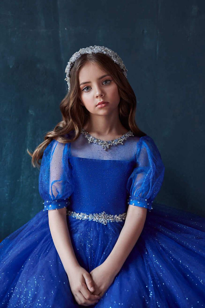 Girls Royal Blue Sparkly Embroidered Dress